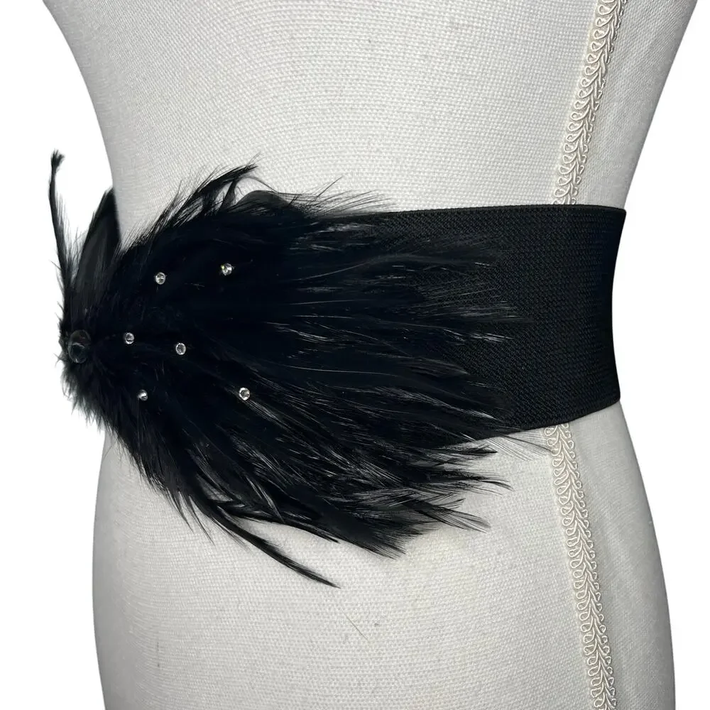 Vintage 90s Size Medium Large Black Feather Rhinestone Belt Wide Stretch Cinch
